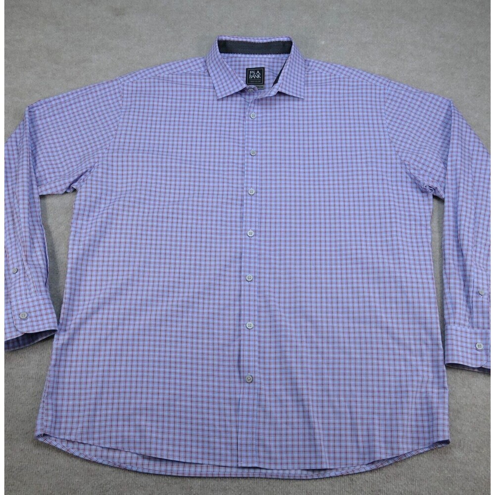 Jos A Bank Travel Tech Shirt Men 2XL Tailored Fit Blue Red Button Up Long Sleeve - Picture 4 of 11